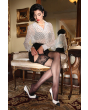Model wearing Eden Lace Top Stockings in sheer beige 15 denier nylon with elegant 5-inch lace tops and a white garter belt by Secrets In Lace.